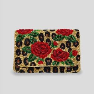 Rose Leopard Beaded Rectangular Clutch